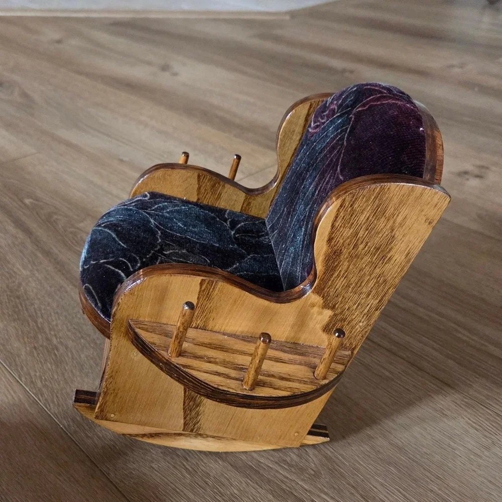 Vintage Wooden Rocking Chair Spool Holder Organizer with Drawer Floral‎ Fabric